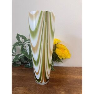 Carlo Moretti Murano Opaline Glass Vase Green Amber White Swirl Italy Hand Blown